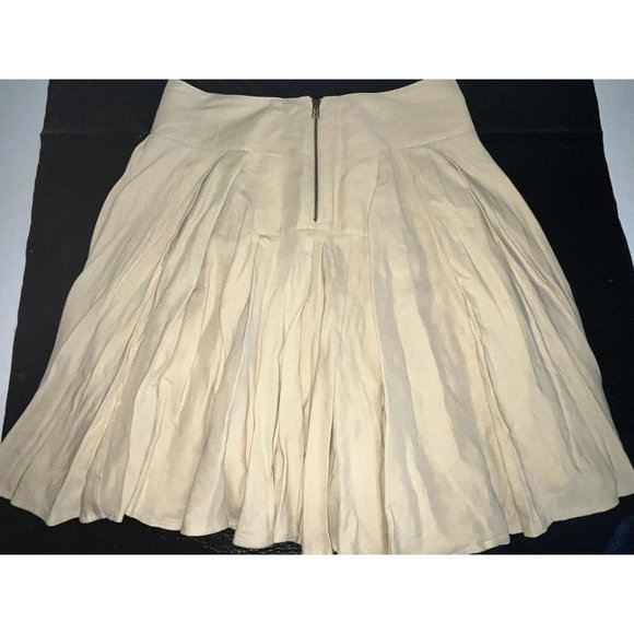 Linen Blend Pleated Skirt Big Zipper Khaki Tan Flare Western Boho Size 12 Greece - Picture 4 of 9